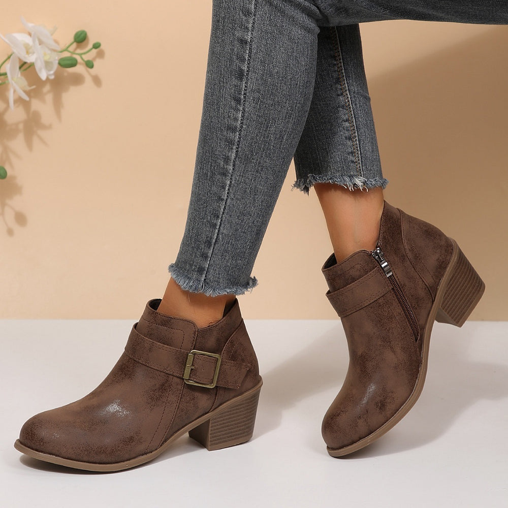 Plus size leather belted mid-heel ankle boots -  autumn new collection - pointed toe, side zipper, chunky heel, retro martin boots for women