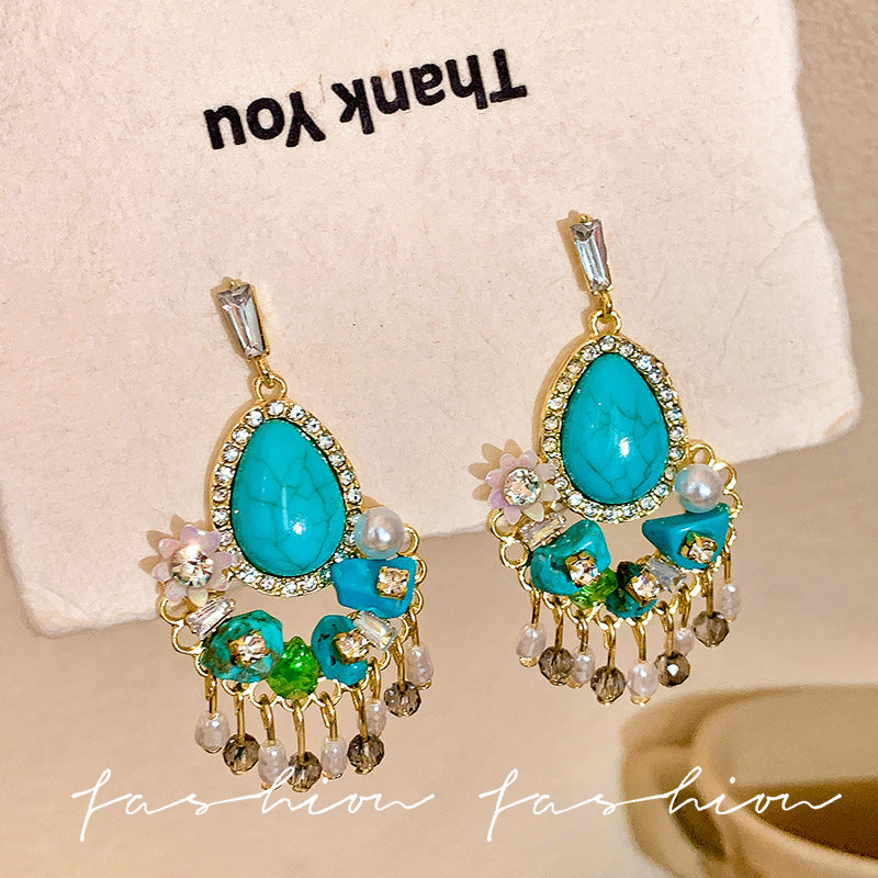 New chinoiserie retro turquoise tassel flower earrings women's niche design ethnic style earrings fashionelegant earrings