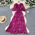French country style blue floral short-sleeve dress - women's summer v-neck korean style fitted waist elegant maxi dress