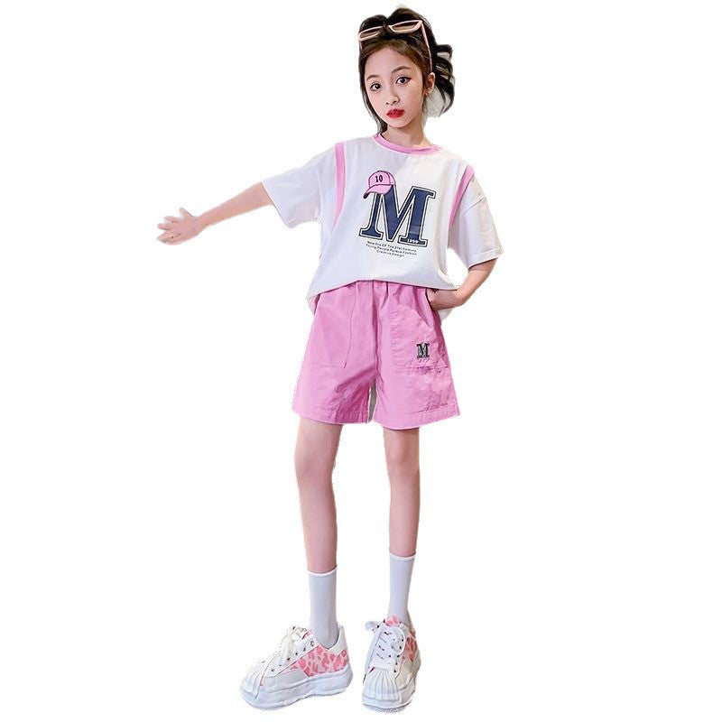 Girls' short-sleeve outfit:  summer new arrival - casual, simple, versatile, trendy, loose-fit, comfortable two-piece set for girls