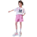 Girls' short-sleeve outfit:  summer new arrival - casual, simple, versatile, trendy, loose-fit, comfortable two-piece set for girls