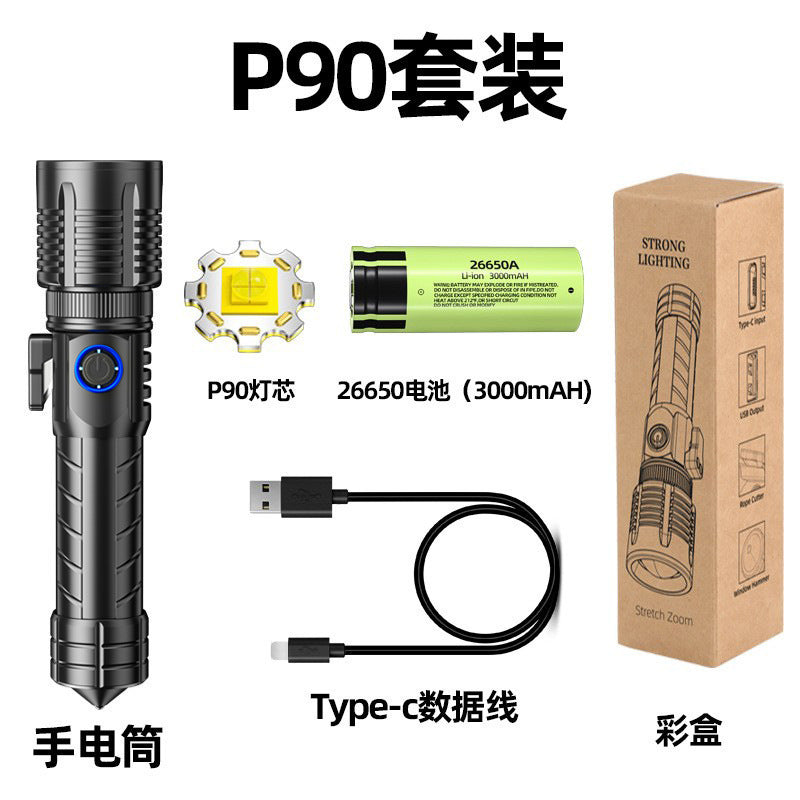 Cross-border new XHP-90 strong light telescopic zoom TypeC charging flashlight with broken window electric display LED flashlight