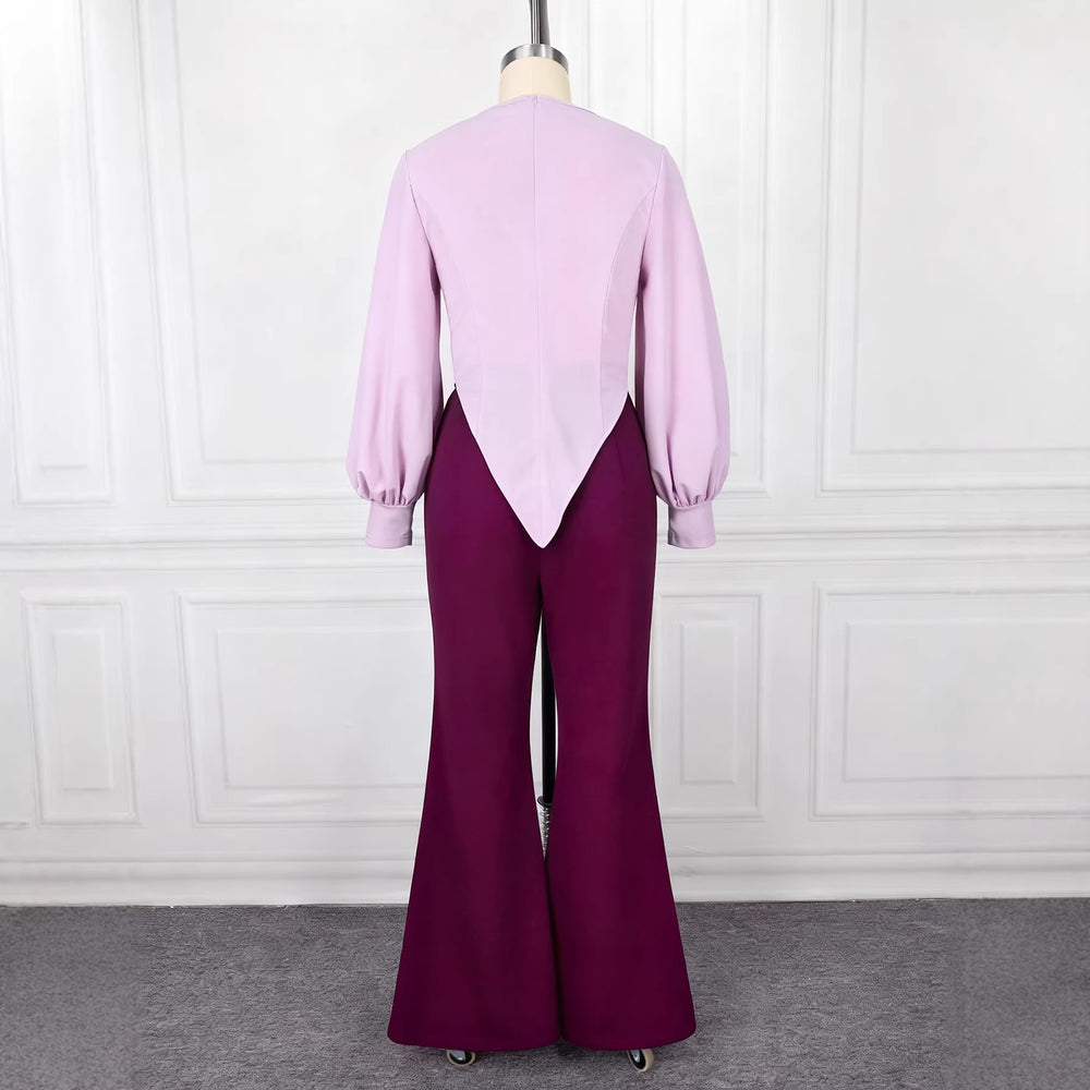 work clothing lantern sleeve casualtwo-piece set waist asymmetrical topseasiest for match flarepantspurplesuit