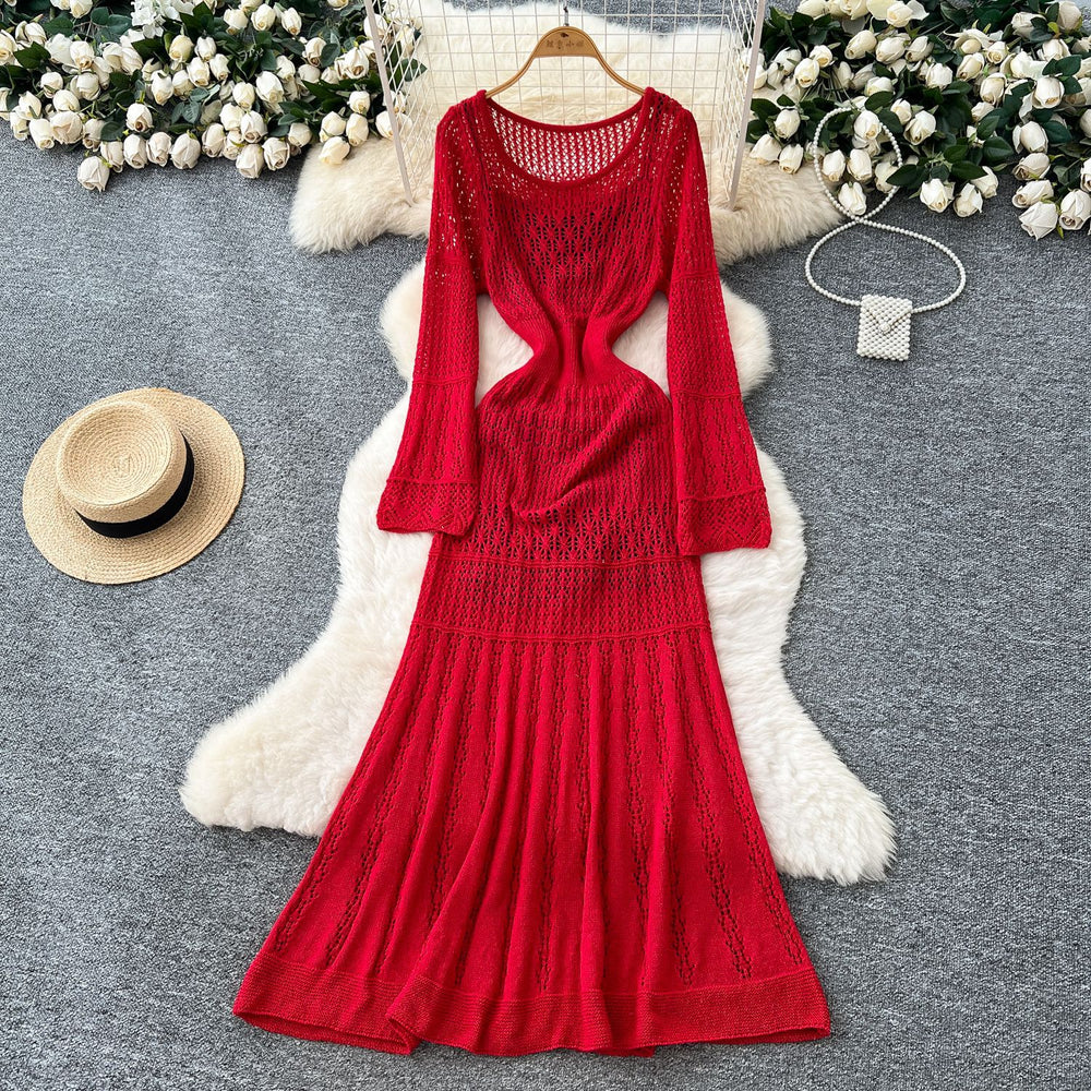 Lazy style casualclassy sense cut out crochet knittingdress women's inner suspender bottom skirt korean two-piece set