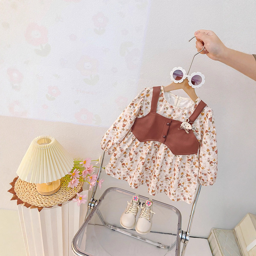 Trendy floral vest dress for baby girls - korean style, chic two-piece look, princess style dress - new autumn  collection