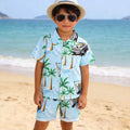 Korean style casual kids' hawaiian beach outfit - retro sports car & coconut tree print, turn-down collar short sleeve top & shorts set