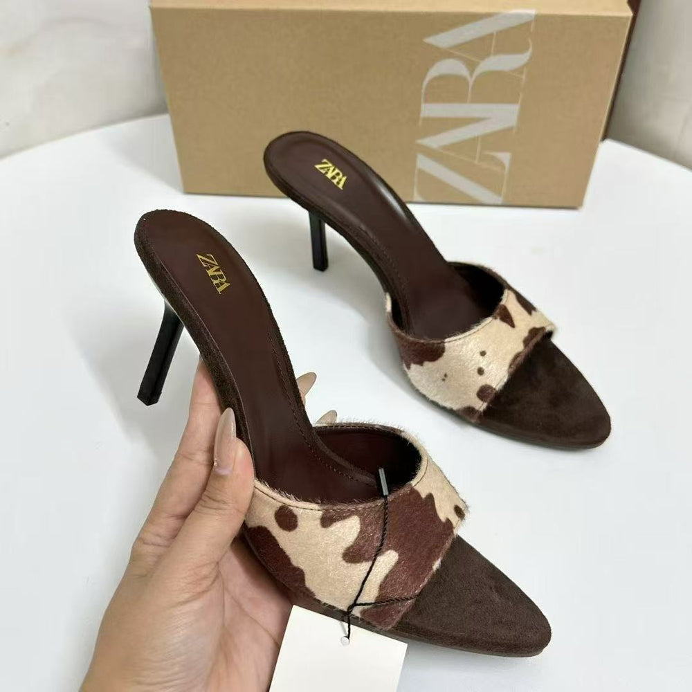 Spain 2025 autumn new arrivals: niche sandals - ankle strap, open back, deep brown-yellow, pointed toe, stiletto heel sandals & slippers