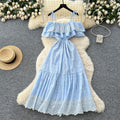 French gentle style one shoulder suspender rufflespatchworkdress women's waist elegant cut outembroiderlong skirt