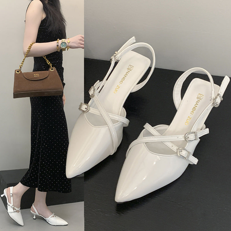 2025 new french-style patent leather pointed-toe pumps with buckle strap, soft sole, stiletto heel