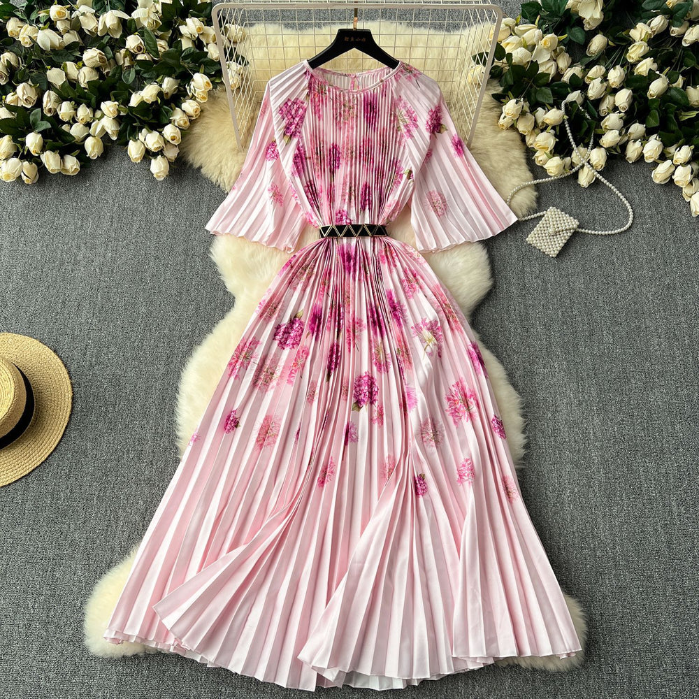 European and american retro court style design printed long dress with heavy pleating, puff sleeves, and pleated skirt - spring collection for women