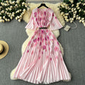 European and american retro court style design printed long dress with heavy pleating, puff sleeves, and pleated skirt - spring collection for women