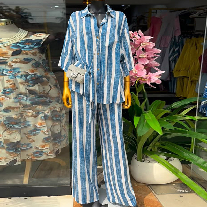 European and american cross-border women's fashion:  spring new collection - stylish blue tie-waist striped shirt and wide-leg pants set