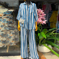 European and american cross-border women's fashion:  spring new collection - stylish blue tie-waist striped shirt and wide-leg pants set