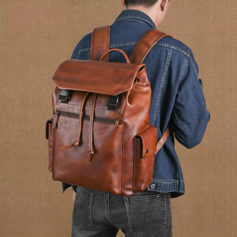 Retro first-layer cowhide backpack hand-rubbed genuine leather casual large-capacity travel backpack vegetable-tanned leather computer bag