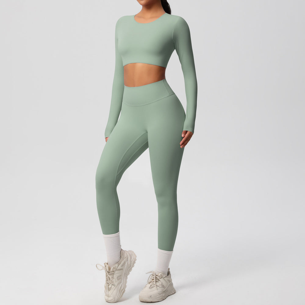 Ready-to-ship, solid-color, double-sided nylon brushed fabric, barely-there feel, form-fitting activewear yoga set for running and fitness, two-piece