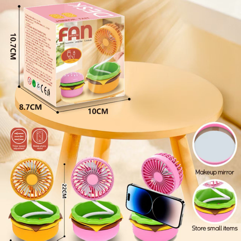 Creative burger mini fan with storage and makeup mirror, usb rechargeable, 3-speed adjustable, multifunctional desktop fan