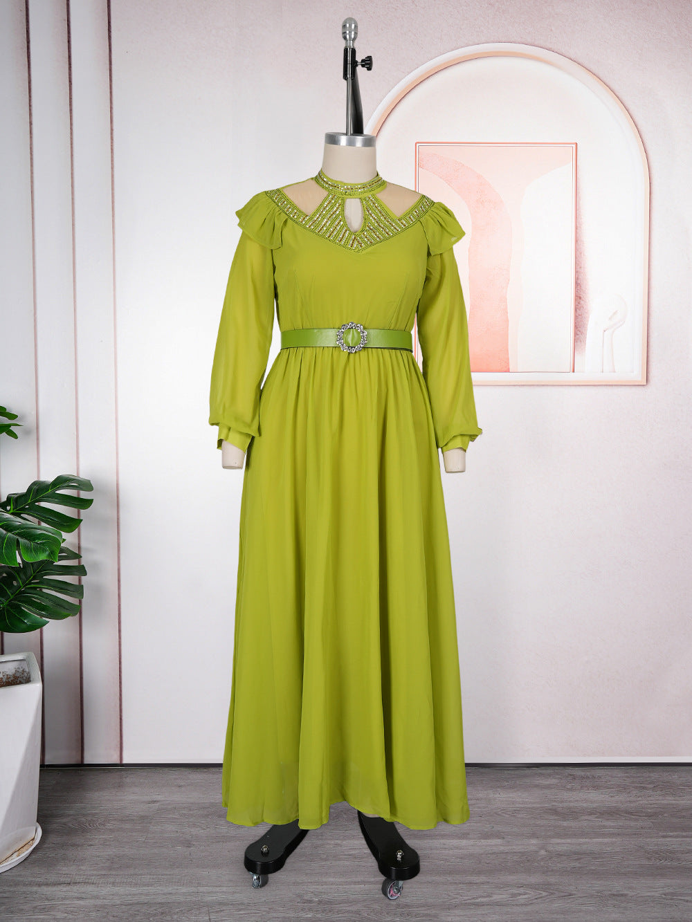 Aliexpress  plus size women's dress elegant fashion rhinestone belted chiffon evening gown