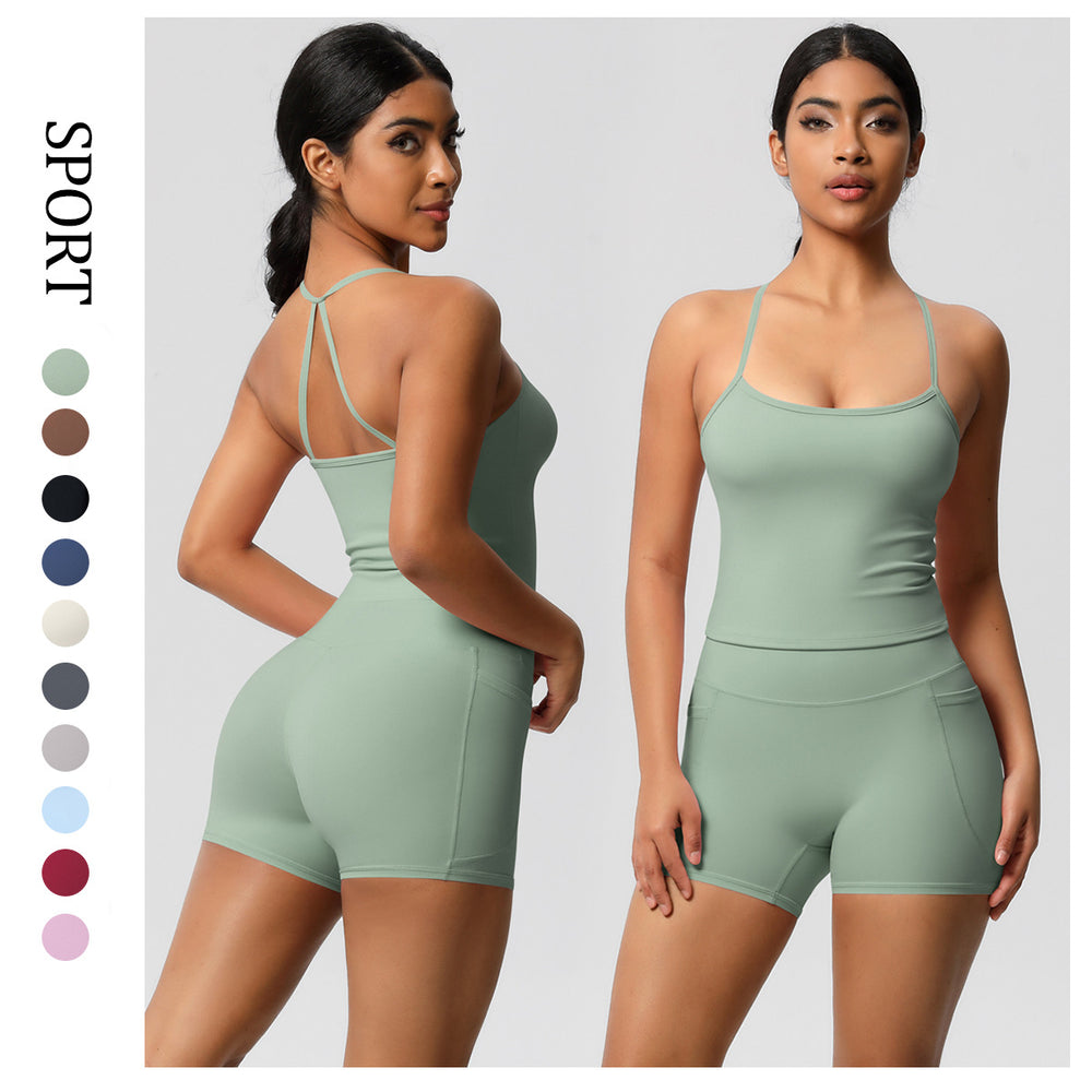 Cloud-feel, brushed, quick-dry yoga set: tank top with racerback, butt-lifting shorts, and pockets - perfect for running and fitness
