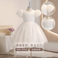 Girls' formal dress princess gown white flower girl wedding dress mid-length puff sleeve tutu dress cross-border foreign trade floral chic