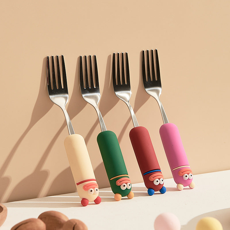Cute cartoon fork and spoon set - high-value 304 stainless steel tableware for home use - kids' dessert forks with a fun, wide-mouth design