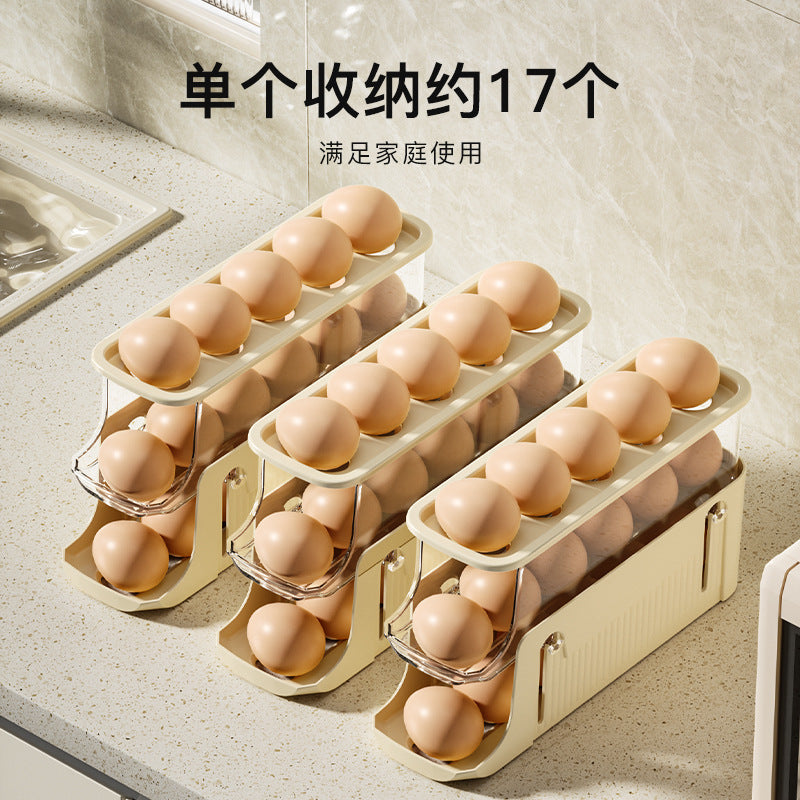 Egg storage box Large capacity slide type egg roller Fresh-keeping refrigerator Side door Three-layer folding rolling egg rack holder