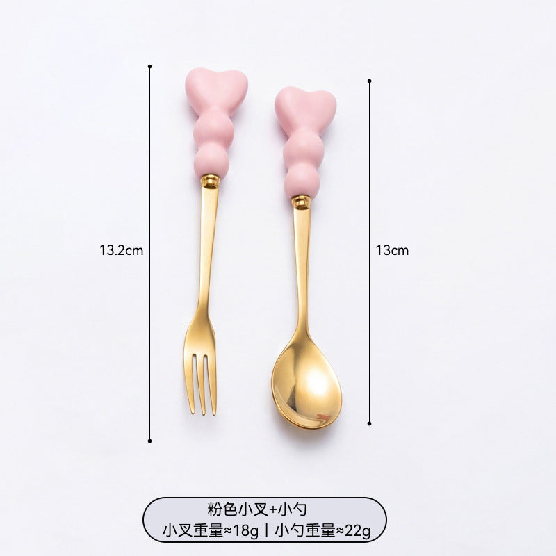 Sweetheart handle dessert fork spoon - girly, precise afternoon tea spoon, high-temperature resistant, thickened ceramic handle fruit fork