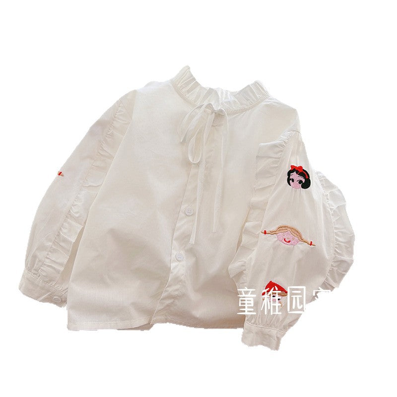 spring/autumn new arrival: pure cotton girls' blouse - baby girl doll shirt with embroidered cartoon design - sweet and trendy for little girls