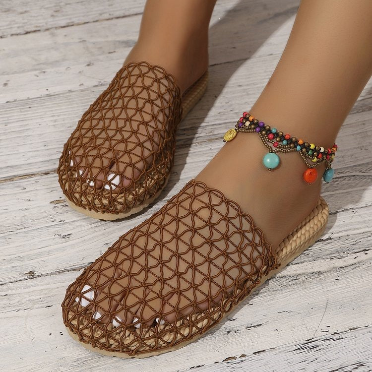 Exportplus sizesummernew arrival woven fishnet baotou half slippers women's outwearcut out mesh breathable flats sandals