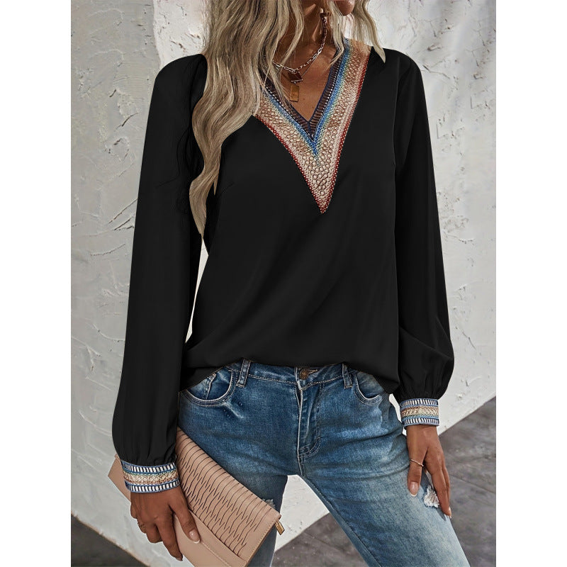 women's v-neck embroidered trim blouse - long sleeve bohemian lace detail casual top for everyday wear and vacation