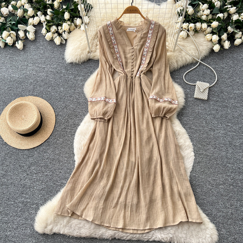 Vintage-inspired white lantern sleeve embroidered a-line dress - autumn chic, slim-fit, and perfect for vacation