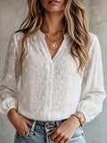 European and american style plus size hollow-out embroidered top - white floral embroidery v-neck single-breasted lantern sleeve lightweight blouse