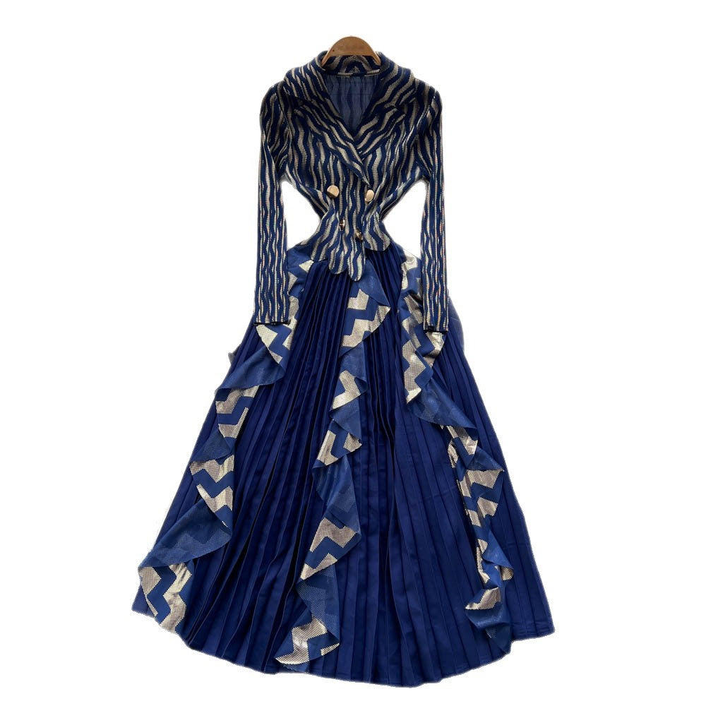 Miya european and american high-end western style suit collar long sleeves double-breasted waist patchworkruffles pleated longdress