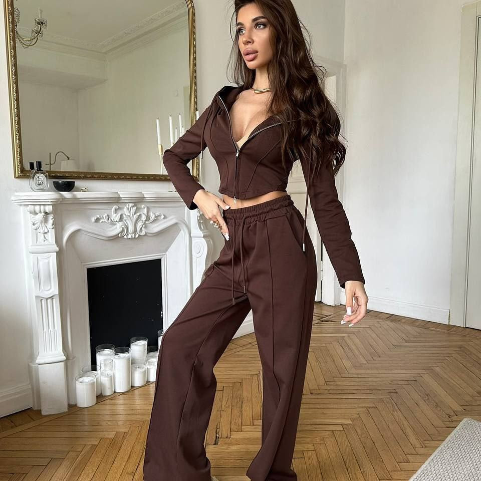 European and American  casual women's suit solid color long-sleeved waist sexy zipper cardigan lace-up trousers two-piece set