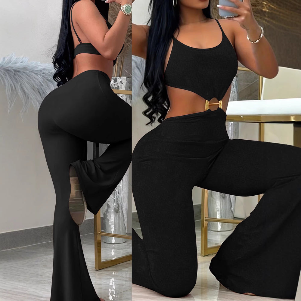 fashion women's spring/summer new arrivals: elegant spaghetti strap solid color knit top with hollow-out one-piece flared pants