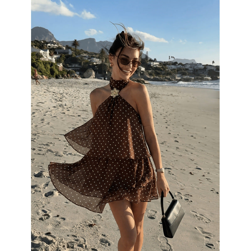 code  independent station  holiday polka dot printing backless haltershortdress
