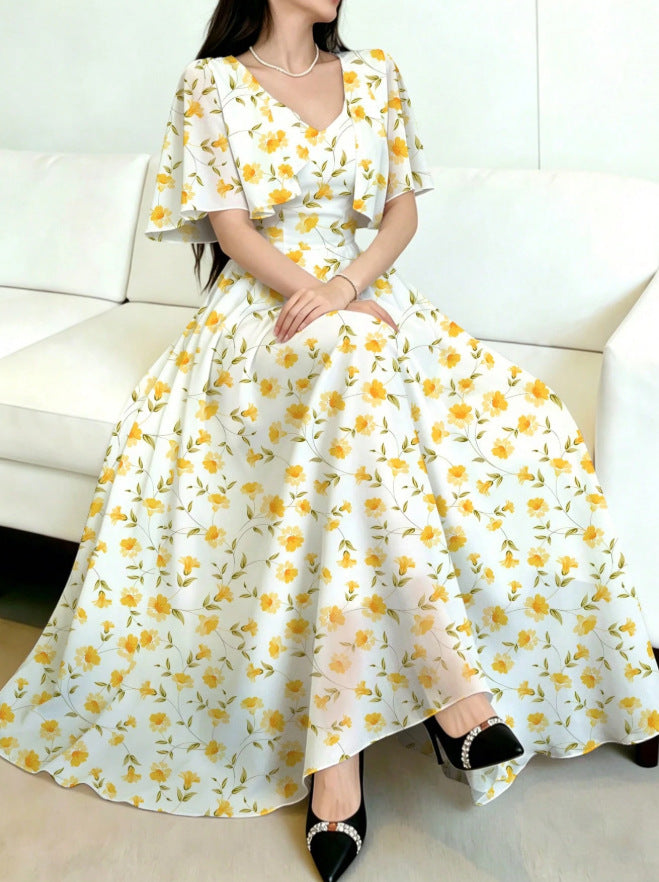 new european and american style white dress with yellow floral print, v-neck, double-layer flutter sleeves, a-line silhouette, and chiffon fabric