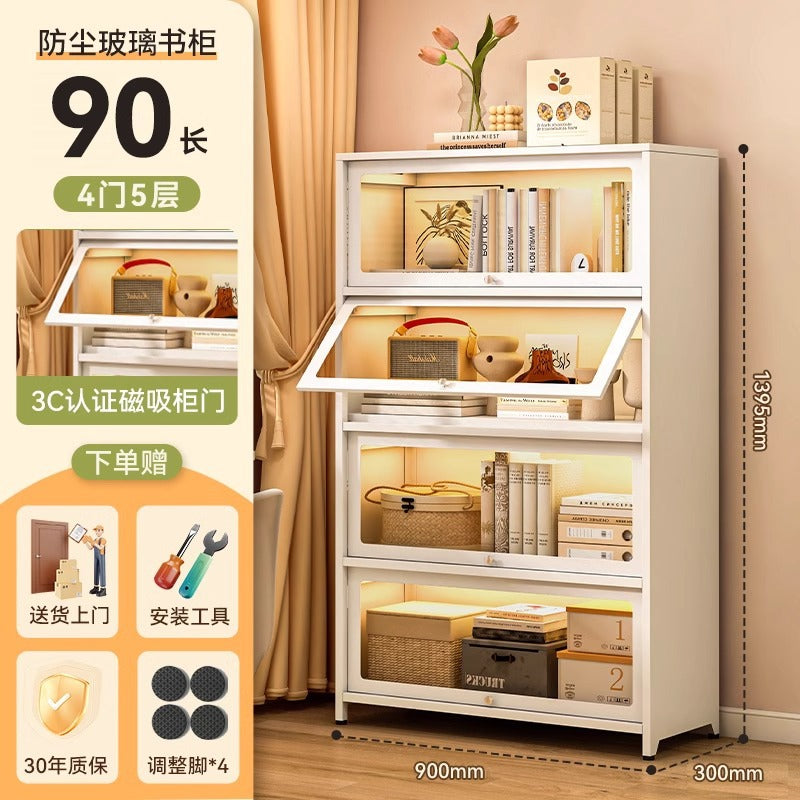 Steel bookcase with glass doors, kids' bookshelf, home living room storage cabinet, dustproof display cabinet, iron art shelf