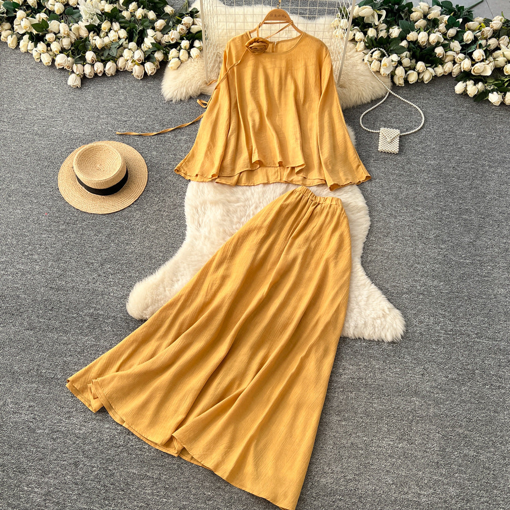 Commuting style classylong sleeves flower strap two-piece set female autum strap waist slimming lookhigh waistsuit skirt