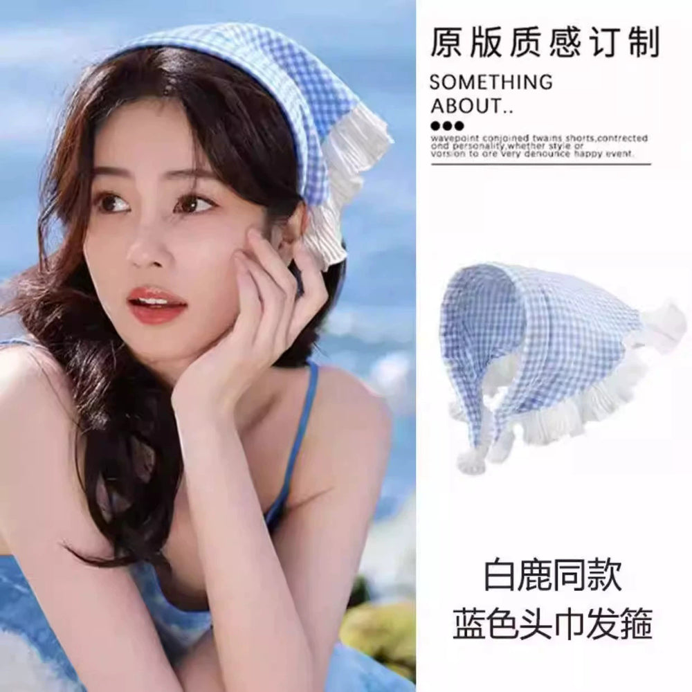 Blue and white lace headband and headscarf all-in-onefrench triangle scarf head scarf square hat hat pastoral style zhou ye same style hair accessories for women