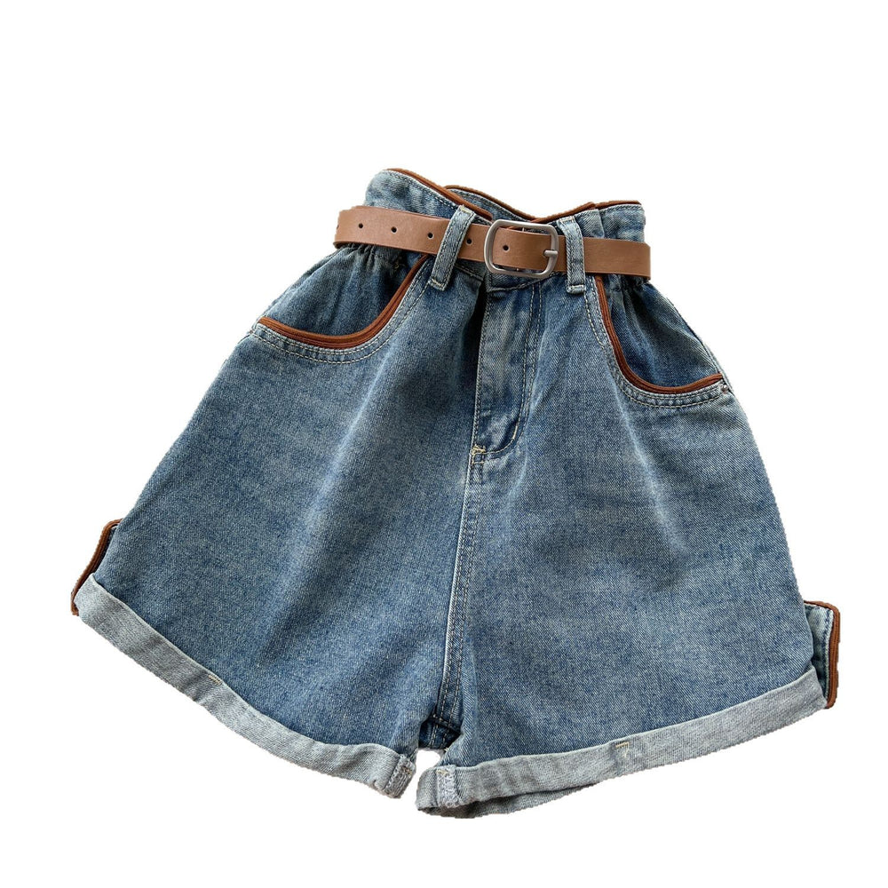 Belt waist-cinching denim wide-leg shorts for women american retroniche stylehigh waistslimming lookcasualeasiest for matchhot girl hot pants