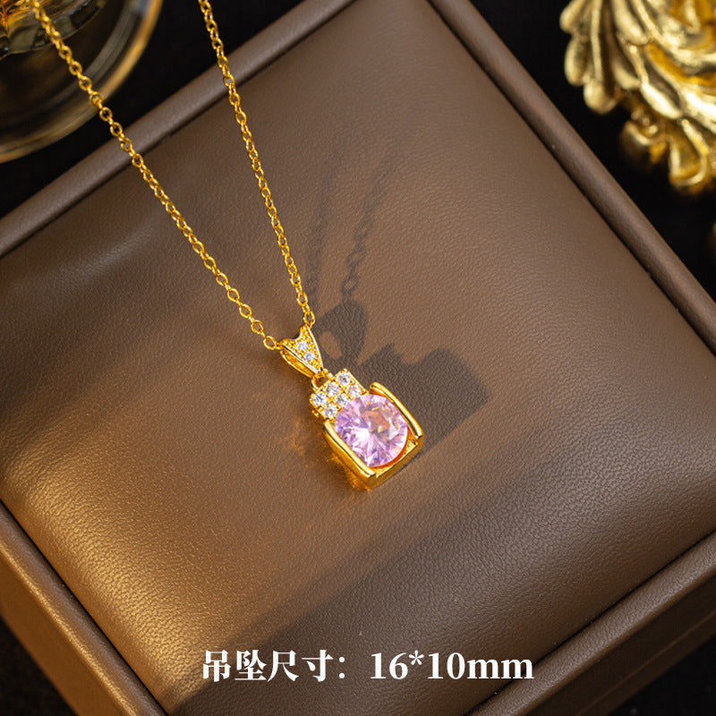 [set] new pink zircon titanium steel necklace women's earrings light luxury high-end light luxury earrings clavicle chain jewelry
