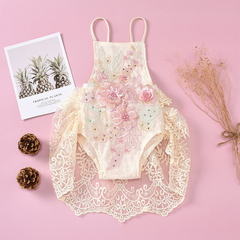 European and american style cross-border new children's clothing short climbing lace mesh flying sleeves tie back embroidered beaded pearl climbing jumpsuit