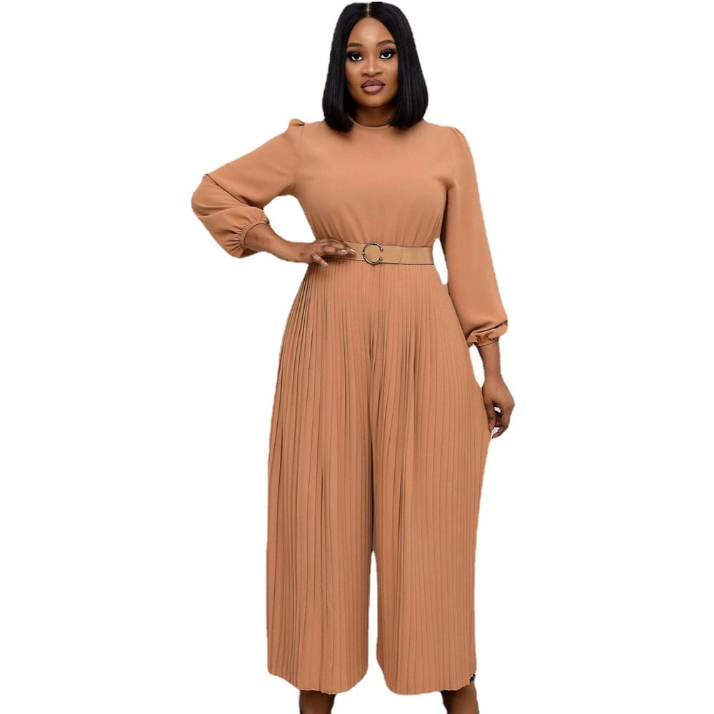 D163  summer new solid color long sleeve pleated european and american plus size women's loose slimming african jumpsuit