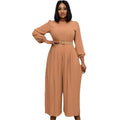 D163  summer new solid color long sleeve pleated european and american plus size women's loose slimming african jumpsuit