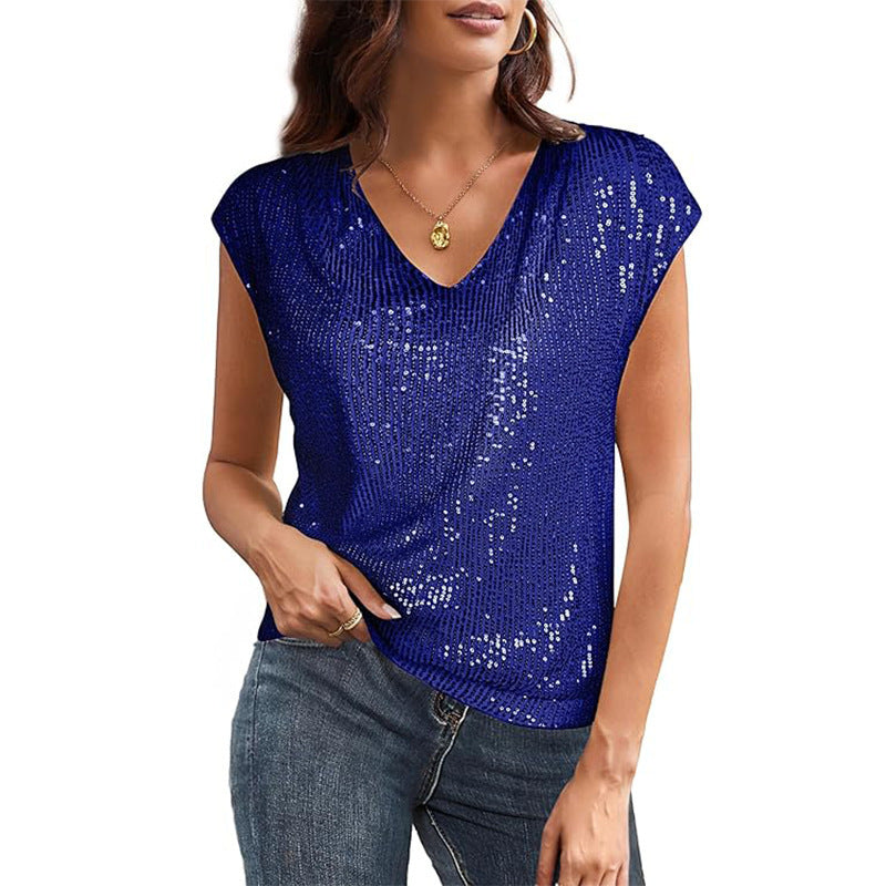 European and american cross-border summer new women's clothing  sexy v-neck sequin beaded shiny party vest t-shirt