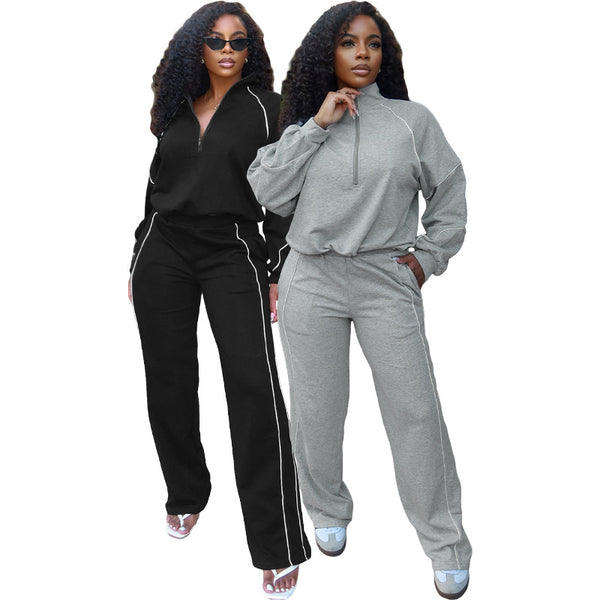 HR25051 European and American fashion women's clothing rubber band buckle waist striped half open sweater straight sweatpants two-piece set