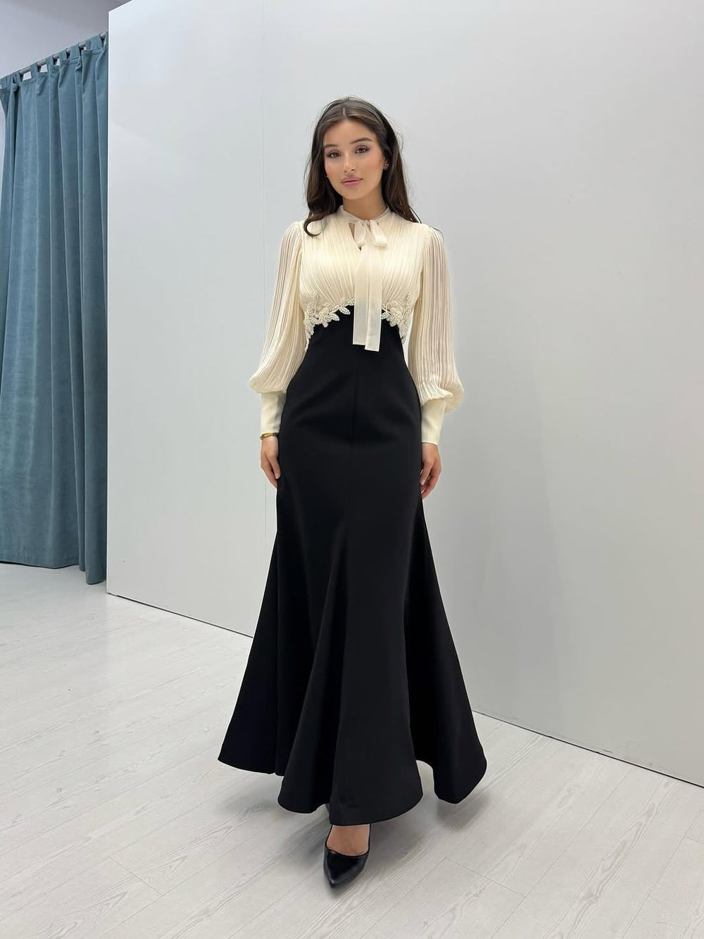 Light mature style bows strappy lantern sleeve tops high waist a-line skirt women's work clothingeleganttwo-piece setclassy sense