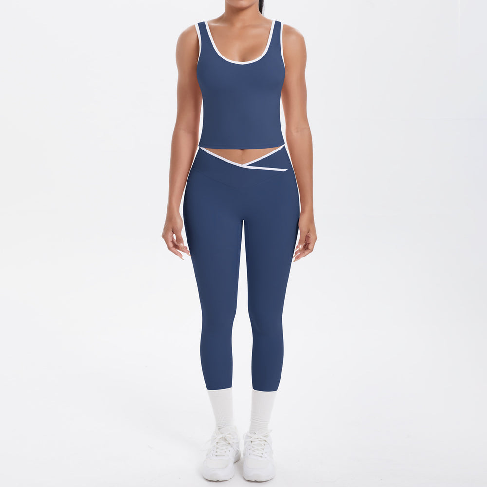 Cross high waist sports suit women's contrast color nude tight yoga clothes quick-drying breathable outdoor running fitness suit