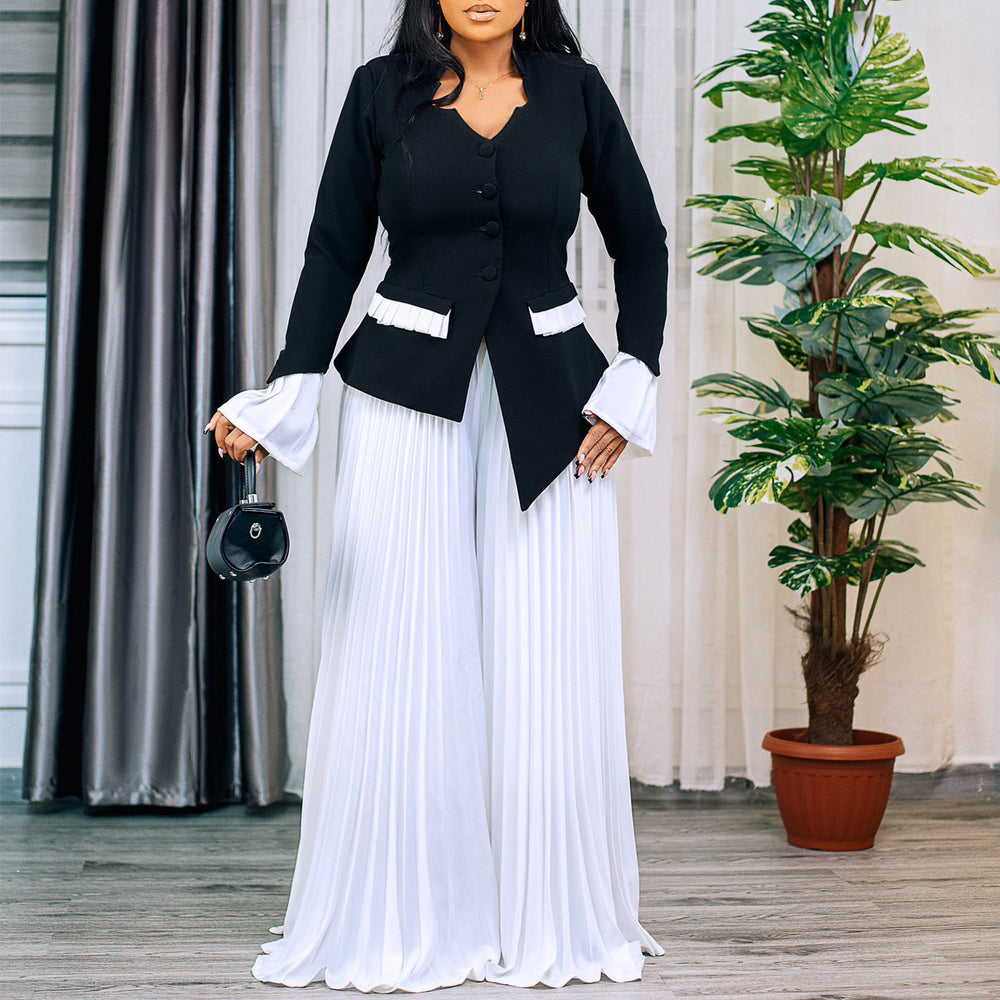D553 women's foreign trade spring  new fashion flared sleeve top and pleated wide-leg pants set - african two-piece outfit