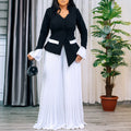 D553 women's foreign trade spring  new fashion flared sleeve top and pleated wide-leg pants set - african two-piece outfit